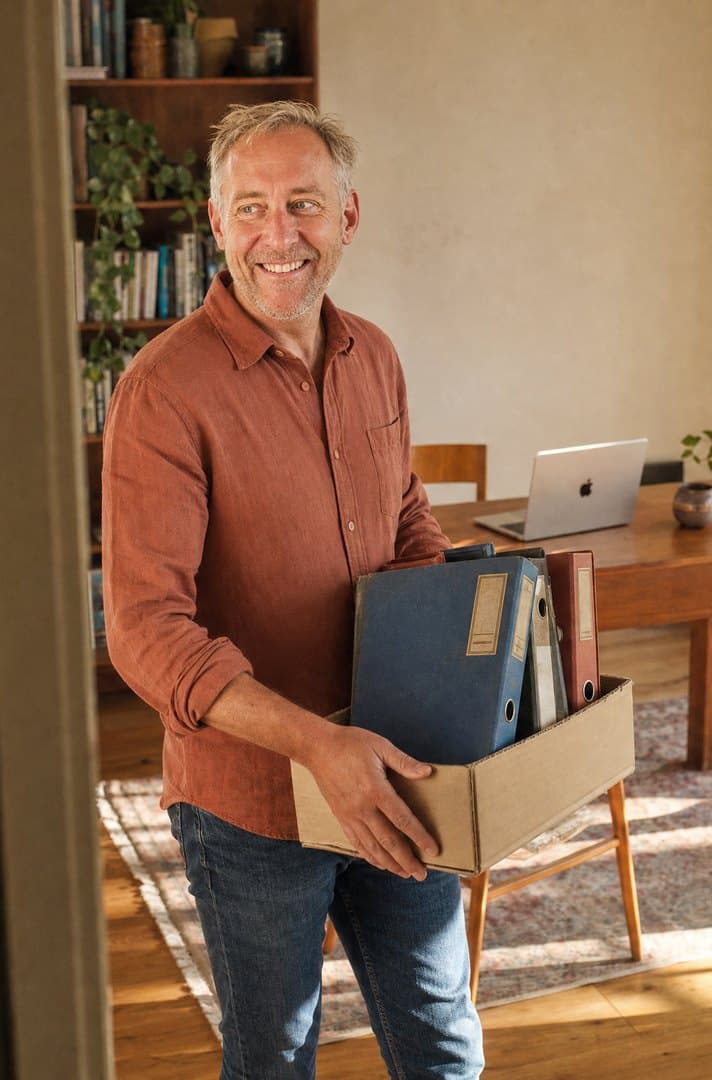 Un autónomo llevando una caja de archivadores antiguos a su mesa
