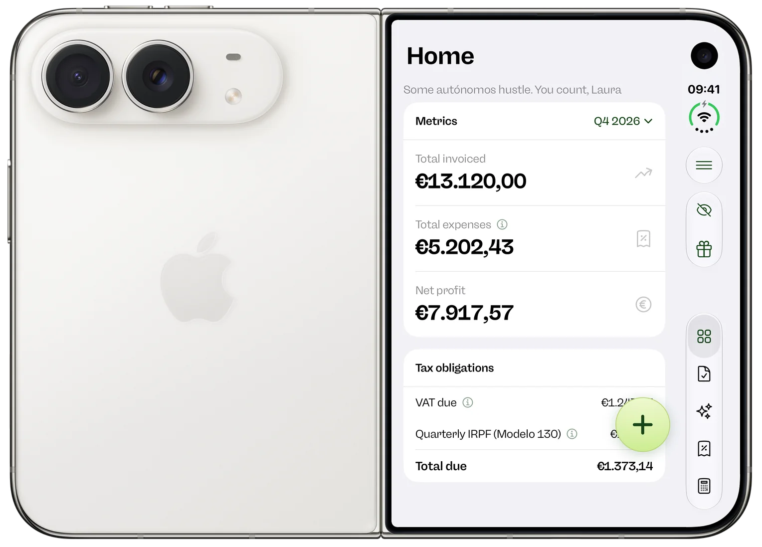 Facturaz home screen on the iPhone Duo's outer display, unfolded, seen from the back