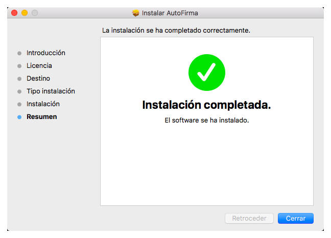 Instalación de AutoFirma completada en Mac