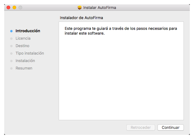 Pantalla de bienvenida del instalador de AutoFirma en Mac