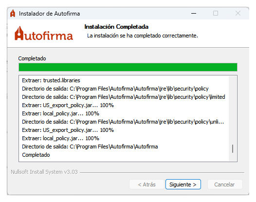 Instalación de AutoFirma completada en Windows