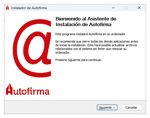 Pantalla de bienvenida del instalador de AutoFirma en Windows