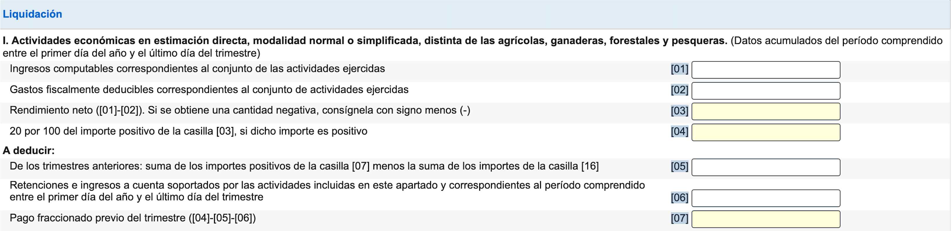 Campos del formulario de la Sección I del Modelo 130