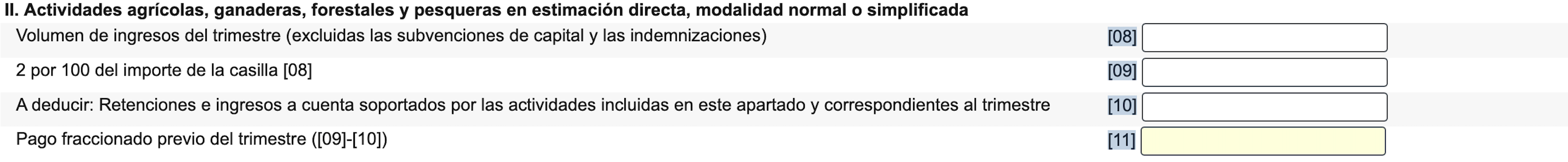 Sección II del Modelo 130 para actividades agrícolas
