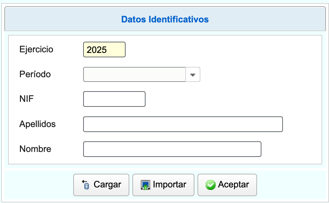 Pantalla inicial del Modelo 130 mostrando campos de identificación